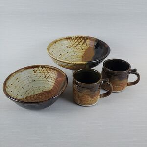 Vintage Studio Art Pottery 2 Mugs & 2 Bowls Stoneware Drip Glaze Signed Rustic